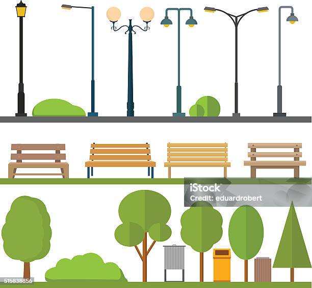 Urban Outdoor Decor Elements Stock Illustration - Download Image Now - Street Light, Bench, Park Bench