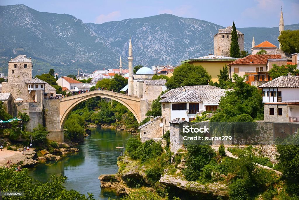 Picture perfect Mostar The new "old bridge" of Mostar Bosnia on a sunny day Sarajevo Stock Photo