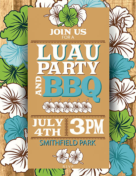 Aloha Hawaiian Party Invitation With Hibiscus Flowers And Wood Background Aloha Hawaiian Party Invitation With Hibiscus Flowers And Wood Background.  Summer Beach Party Invitation With the hibiscus flowers forming a framed border vertical template on a wood background. The  text is written in the center with the luau invitation information. Colors are green, blue and brown luau stock illustrations