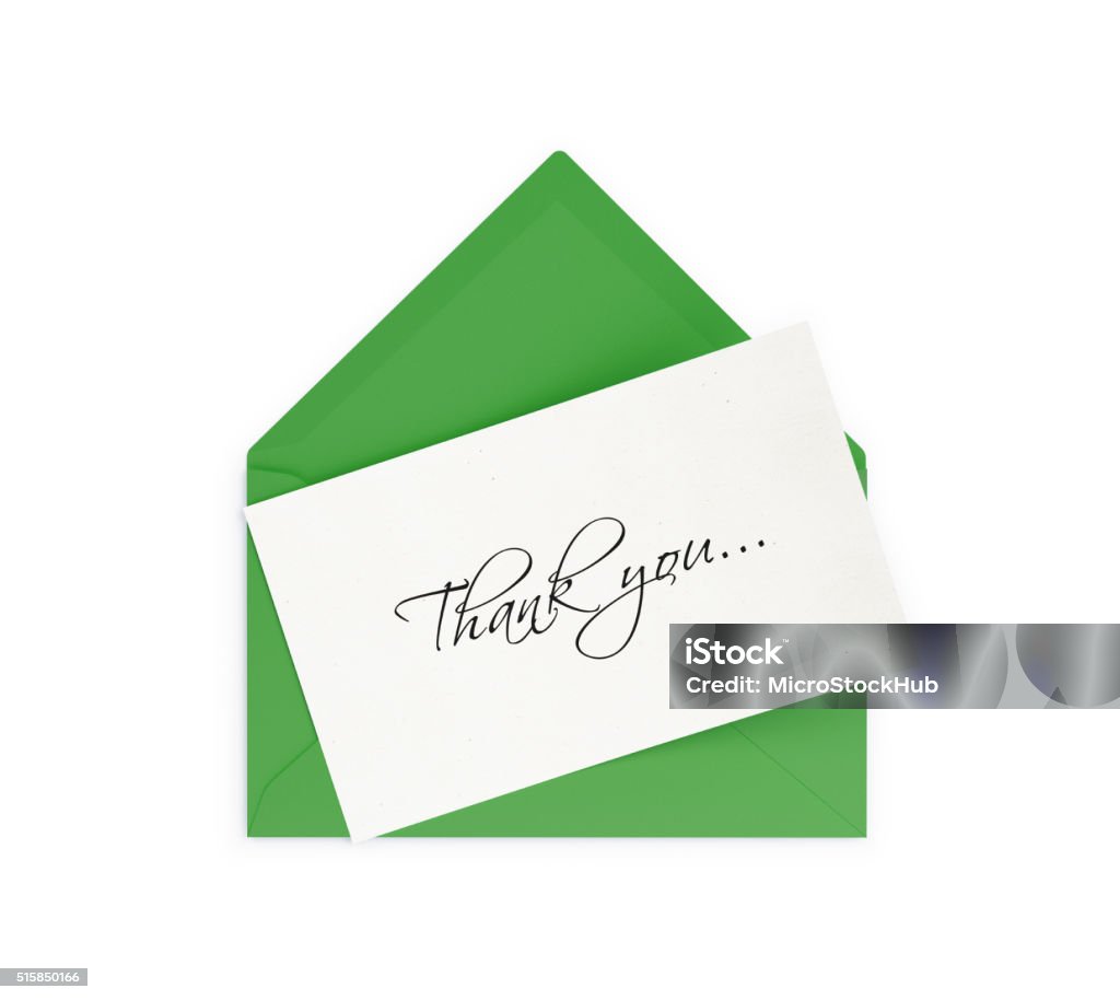 Green Envelope and Thank you Note Green  envelope and thank you note. Isolated on white background. Clipping path is included. Green Color Stock Photo