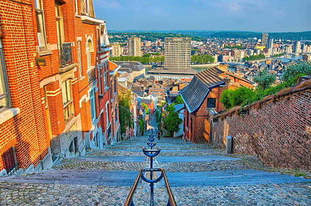 View over montagne de beuren stairway with red brick houses View over montagne de beuren stairway with red brick houses in Liege, Belgium, Benelux, HDR liege belgium stock pictures, royalty-free photos & images