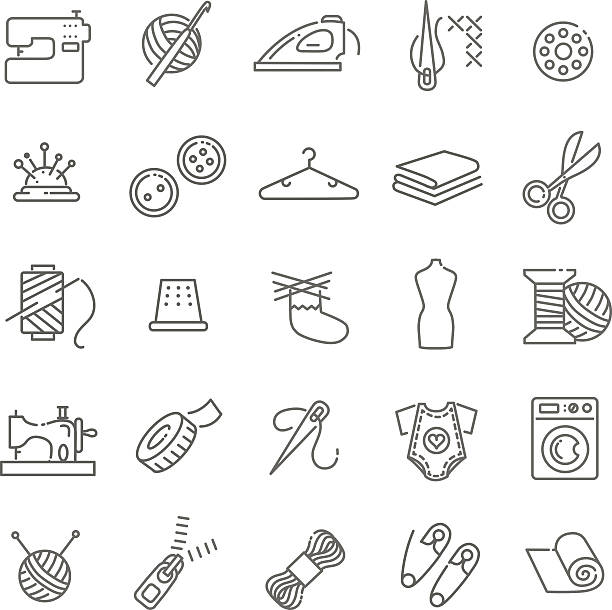 vektor nähen ausrüstung und needlework icons set - woven craft textile industry isolated stock-grafiken, -clipart, -cartoons und -symbole