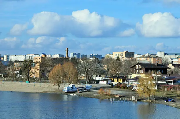Early spring. Panorama on the shore of the river Ros. City of Bila Tserkva. Ukraine.