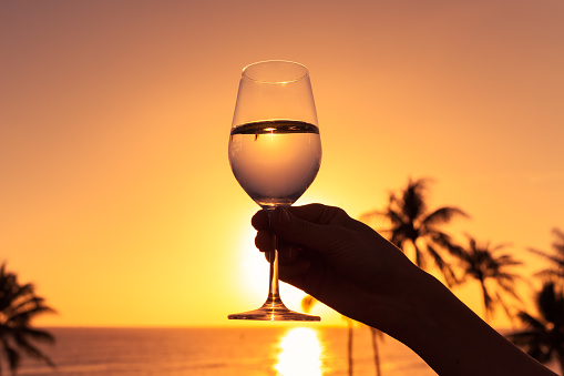 Woman enjoying a glass of white wine by the sea.