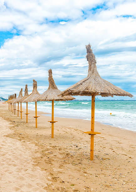 istock Straw umbrellas on beautiful beach in a windy day 515860766