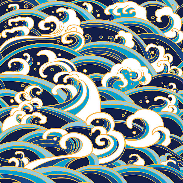 ilustraciones, imágenes clip art, dibujos animados e iconos de stock de sin costura patrón con salpicaduras de agua y las olas - wave sea storm water
