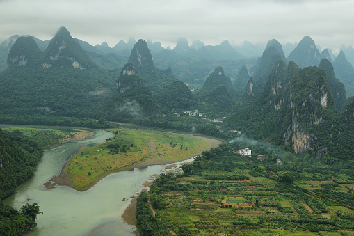 Karst mountains around Li river from Xiangong hill, Guangxi province, China