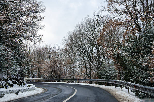 istock snowy mountain road snow cleared with trees 515861559