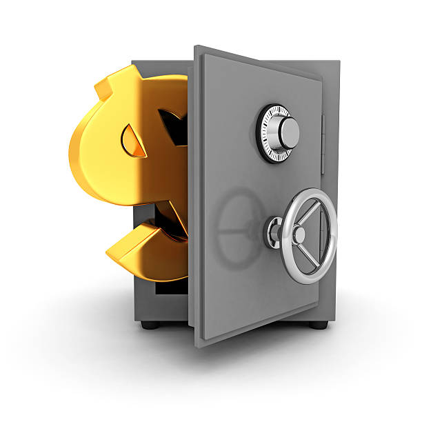 istock bank safe with golden dollar symbol on white background 515863429