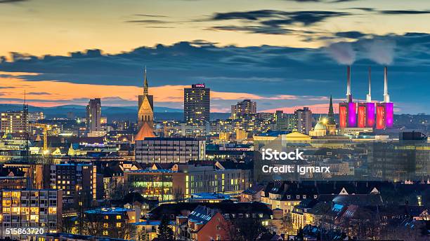 Aerial View Of Hannover At Evening Lower Saxony Stock Photo - Download Image Now - Hanover - Germany, Urban Skyline, Night