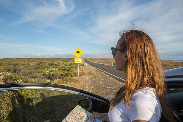 istock Young woman in a car on roadside reads road map 515863980