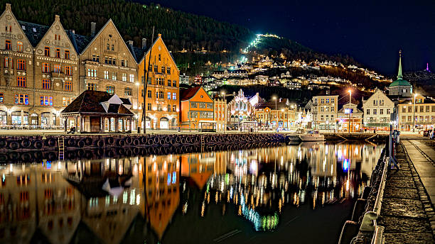 Night view of Bryggen, in the city of Bergen, Norway. stock photo