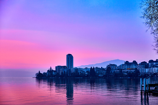 Sunset on Lake Geneva in Montreux, Switzerland