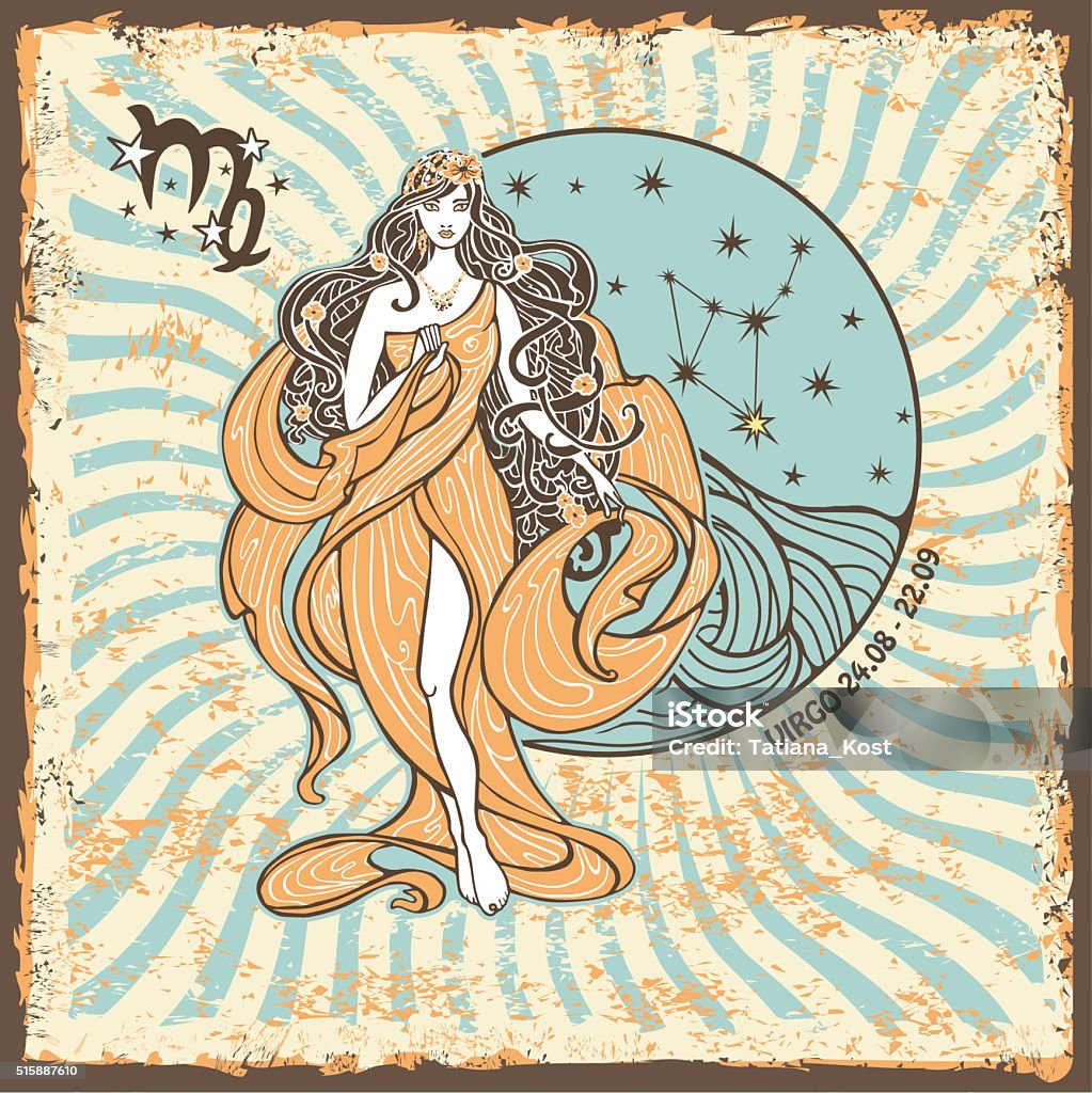 Virgo zodiac sign.Vintage Horoscope card Virgo zodiac sign on Horoscope circle with constellation on grunge vintage background.Graphic Vector Illustration in retro style Women stock vector