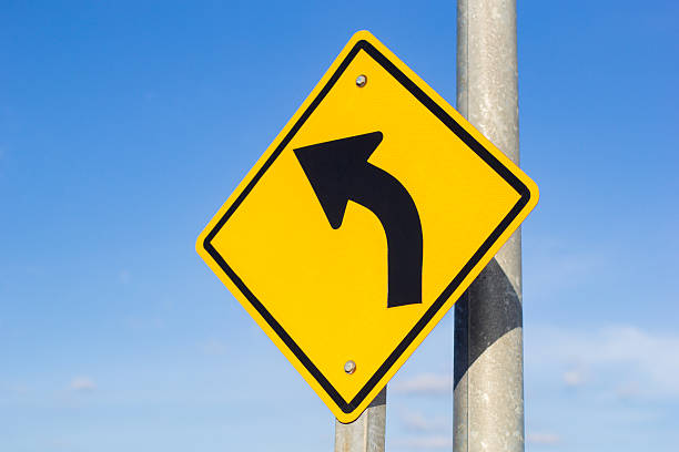 istock beware curve road sign on sky background 515888258