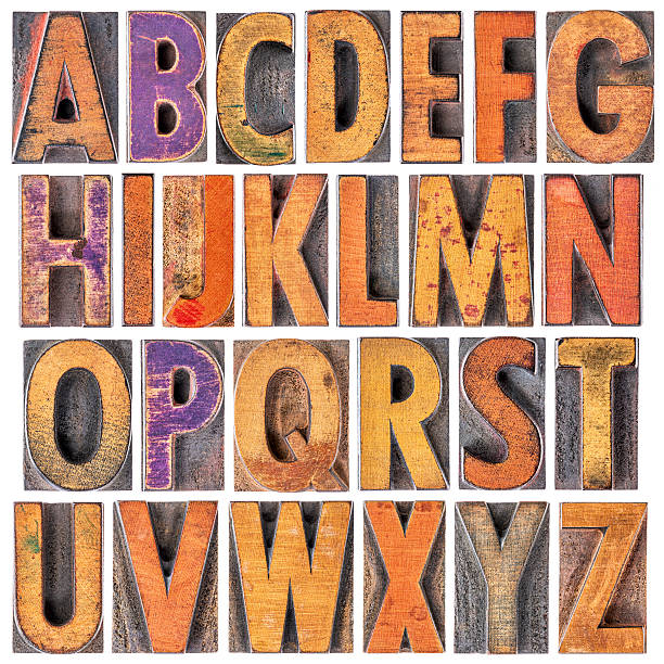 inglês alfabeto no tipo de madeira - letterpress typescript alphabet wood imagens e fotografias de stock