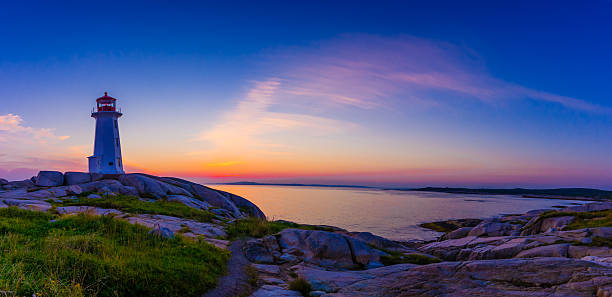 Lighthouse at sunset Lighthouse at sunset with bright colors peggys cove stock pictures, royalty-free photos & images