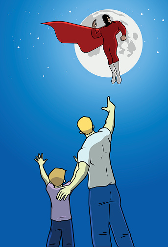 A cartoon style illustration of a kid and his dad waving to a superhero hovering in the air at night. AICS5 included. 