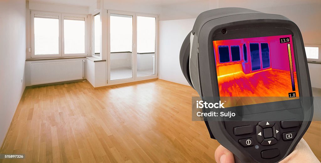 Heat Leak Infrared Detection Thermal Image of Heat Leak thru Windows Thermal Image Stock Photo