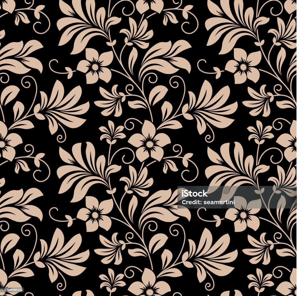 Vintage floral wallpaper seamless pattern Vintage floral wallpaper seamless pattern with trailing tendrils of little flowers on vertical vines with leaves in beige on black in square format Abstract stock vector