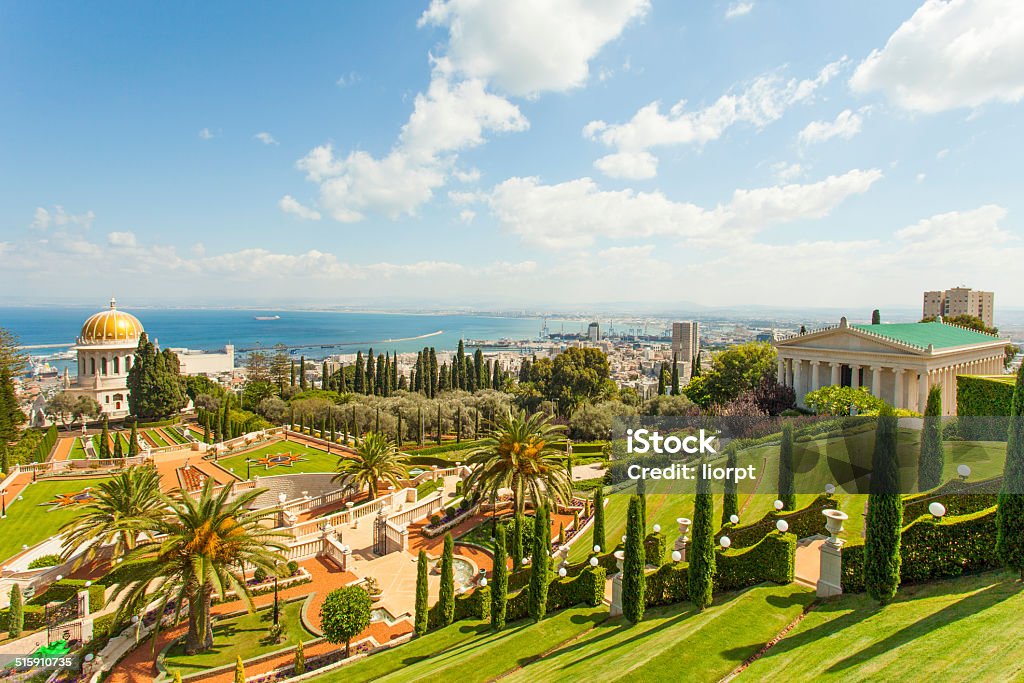 Bahai Gardens Stairs and temple Bahai Gardens Stairs and golden Dome stock photo Haifa Stock Photo