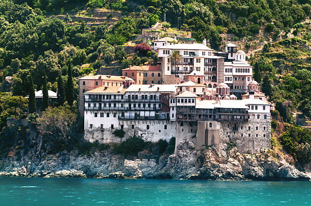 Osiou Gregoriou monastery on holy mount Athos in Northern GreeceOsiou Gregoriou monastery on holy mount Athos in Northern Greece, orange,