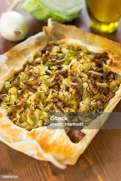 Cabbage And Sausage Pie Stock Photo - Download Image Now - Baked, Cabbage, Cake