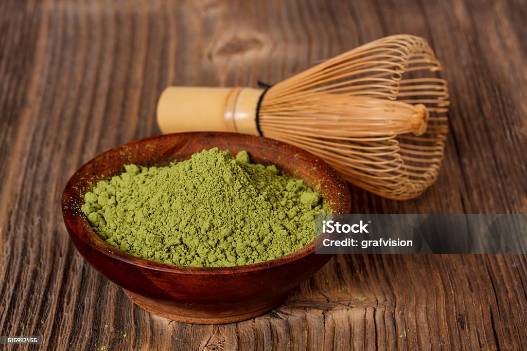 Green powder tea Green powder tea with bamboo whisk Bamboo - Material Stock Photo