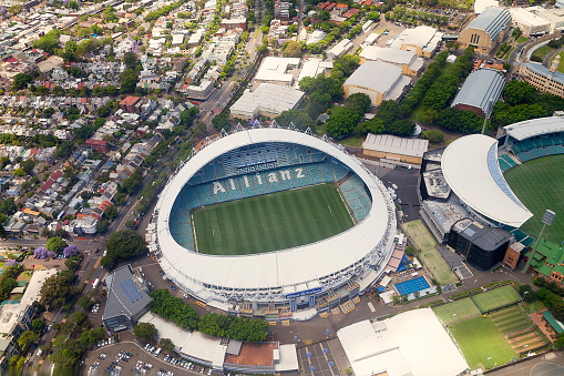 Sydney, Australia - November 9, 2015: Aerial view of  Sydney Olympic Stadium known as Allianz Stadium. Next to it is Sydney Cricket ground.