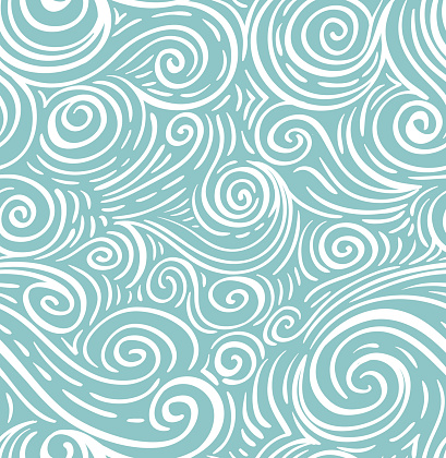 Seamless sea hand-drawn pattern, waves background.