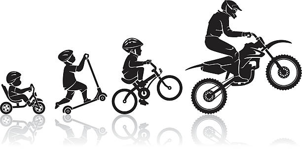 Motorbike Evolution Stages Transitional development from young to expert skill change silhouettes stock illustrations