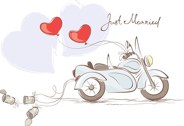 illustrazioni stock, clip art, cartoni animati e icone di tendenza di matrimonio moto con sidecar - newlywed