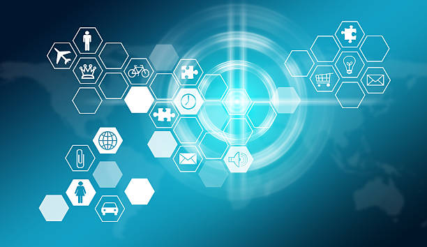 istock Hexagons with icons and glow circles 515923909