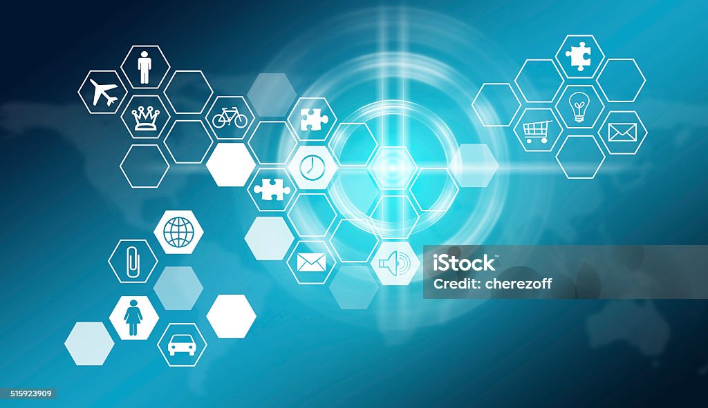 Hexagons with icons and glow circles Hexagons with icons and glow circles. Technology background Airplane Stock Photo