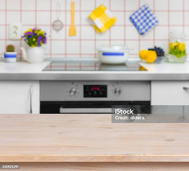 Wooden Table On Blurred Background Of Kitchen Bench Stock Photo - Download Image Now