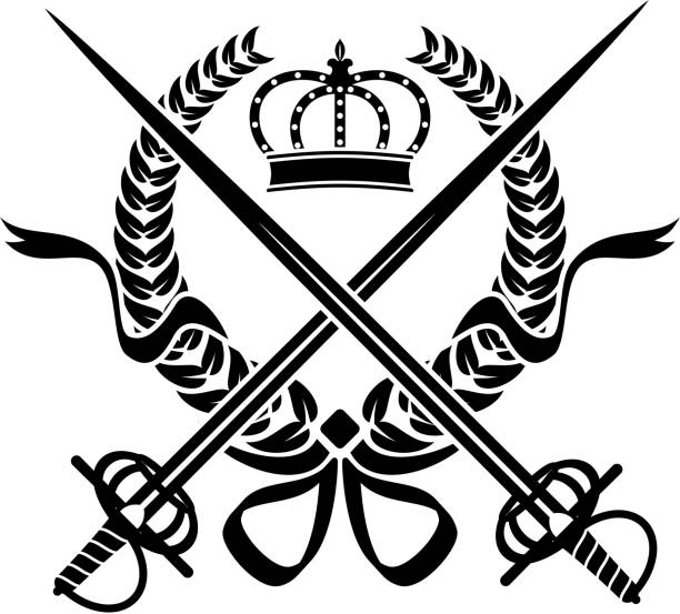 heraldic 디자인과 화관, swords, 왕관 - coat of arms wreath laurel wreath symbol stock illustrations