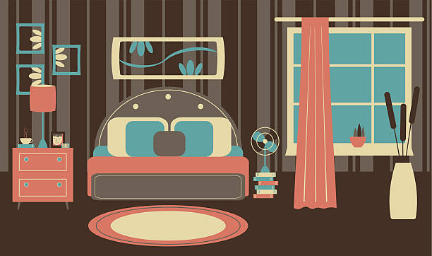 Retro bedroom in a flat style Illustration of a bedroom interior in retro colors. Flat design.  head board bed blue stock illustrations