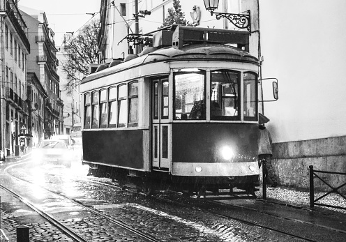 tram in lisboa in black and white