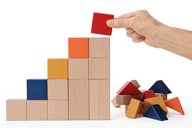 istock Wood block bar chart made with hand on white background 515927755