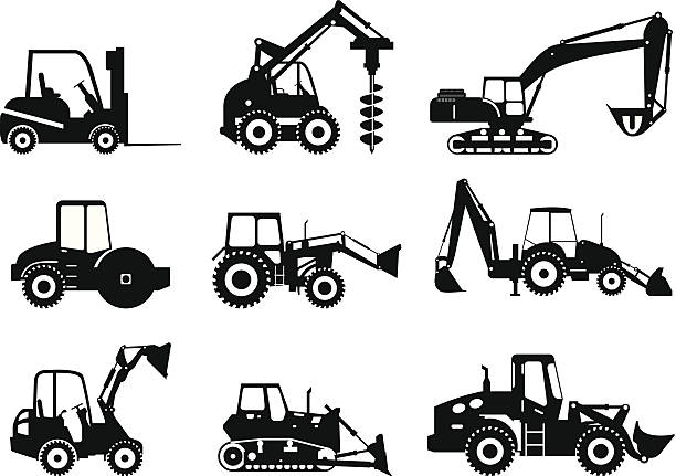 Set of heavy construction machines. Vector illustration Silhouette illustration of heavy equipment and machinery concrete silhouettes stock illustrations