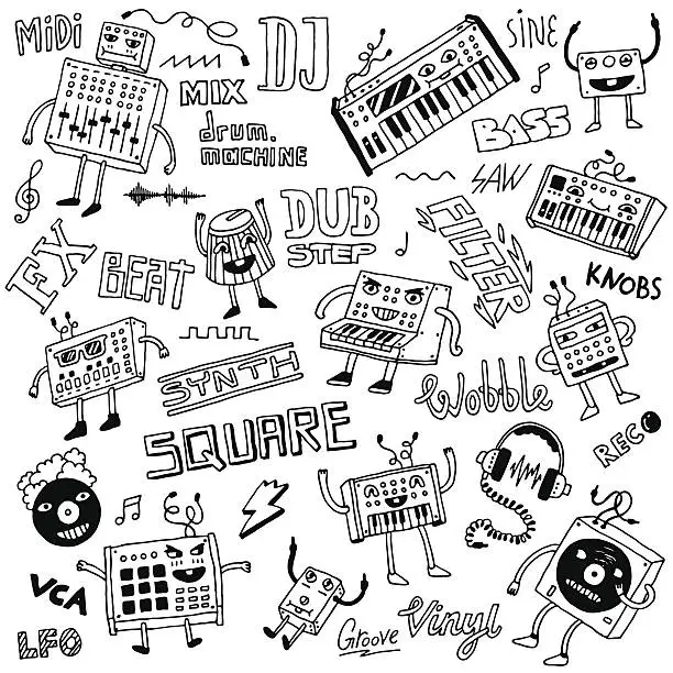 Vector illustration of Midi controllers synthesizers doodles. Hand drawn vector illustration.