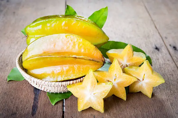 Star fruit on wood background .