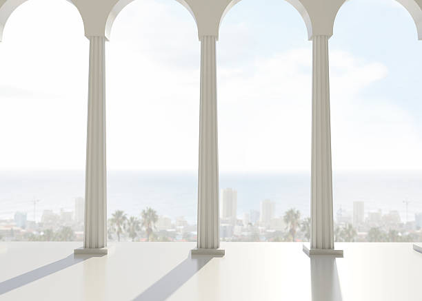 istock Room with pillars overlooking city and ocean 515964773