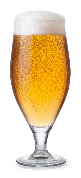 Glass of lager beer with foam and bubbles isolated on white background