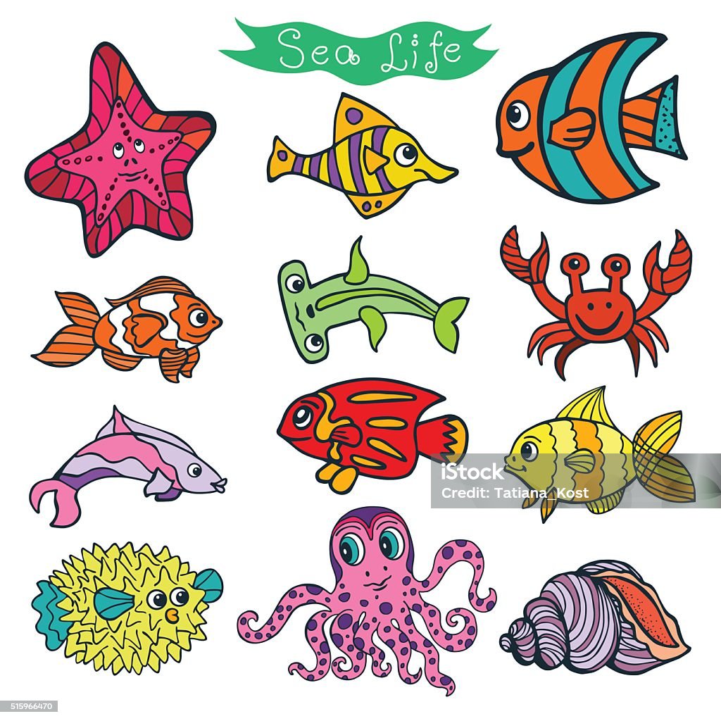 Dessin De Poisson De Mer En Couleur Dessin Animé Drôle De Poisson Mer Vie Couleur Doodle Ensemble Isolé Vecteurs libres de droits et plus d'images vectorielles de Abstrait - iStock