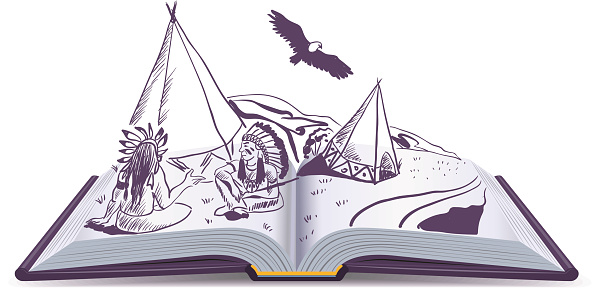 Open book. Indians sit at wigwam on pages of open book. Adventure story. Isolated cartoon illustration in vector format