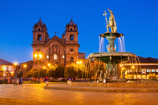 Plaza de Armas at sunset. It is a central square in Cusco, Peru.