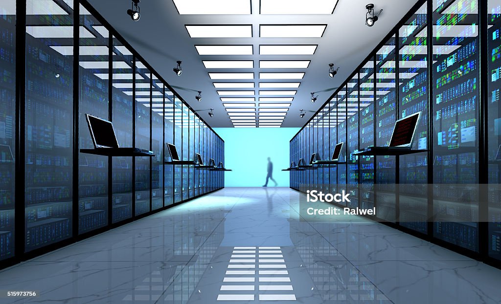 Server room interior in datacenter Creative business web telecommunication, internet technology connection, cloud computing and networking connectivity concept: terminal monitor in server room with server racks in datacenter. 3D render Network Server Stock Photo