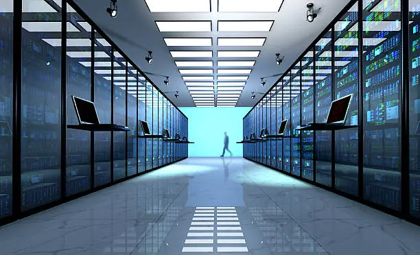 Creative business web telecommunication, internet technology connection, cloud computing and networking connectivity concept: terminal monitor in server room with server racks in datacenter. 3D render