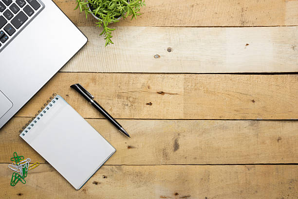 istock Office desk table with supplies. Top view. Copy space for 515973928